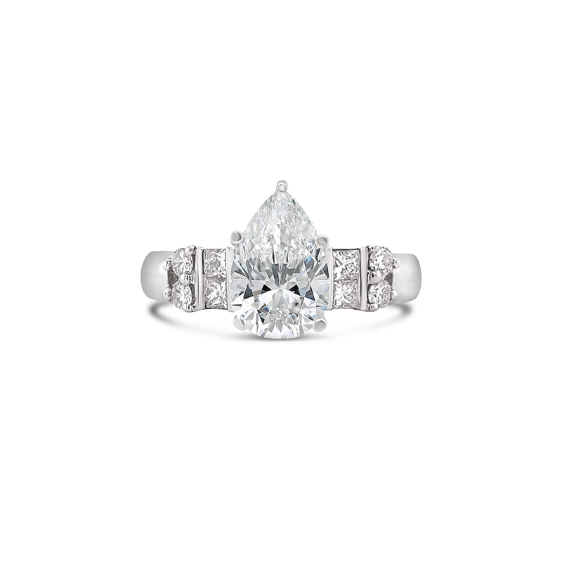 Pear Cut Lab Grown Diamond Engagement Ring With Princess Cut Diamond Side Stones