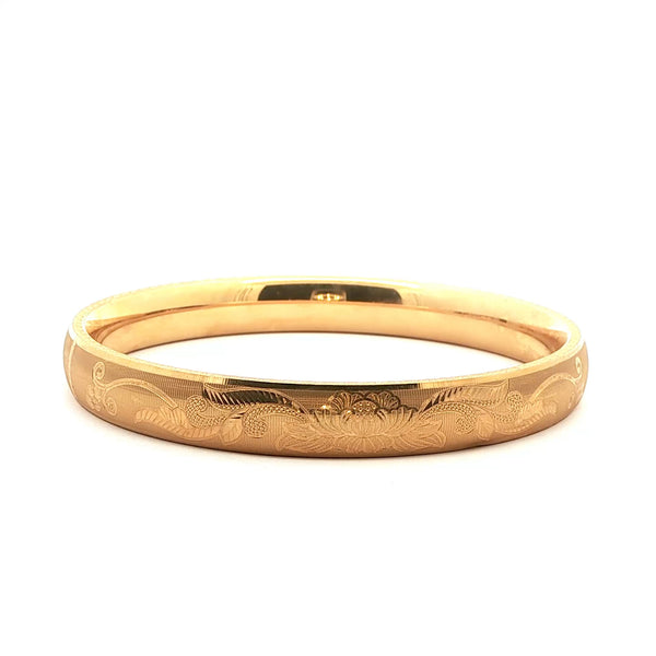Yellow Gold Floral Engraved Bangle Bracelet, Gold Jewellery Sydney Australia 