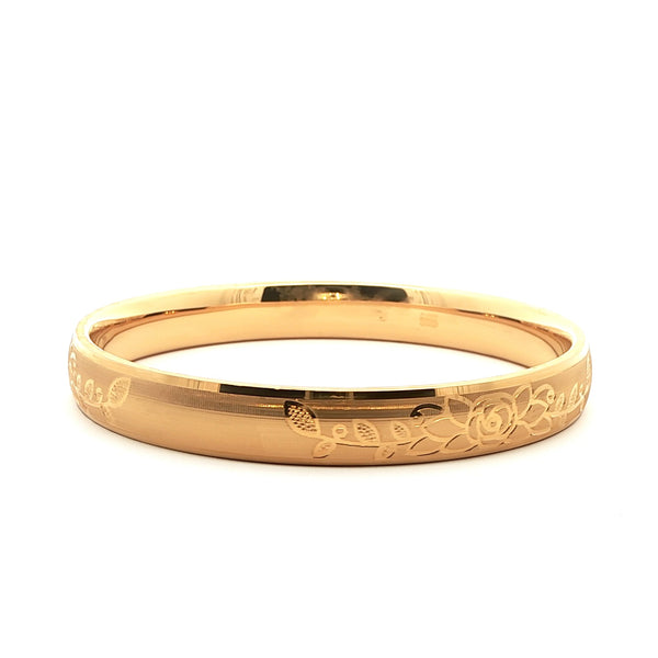Elegant Yellow Gold Floral Etched Bangle, Gold Jewellery Sydney Australia 