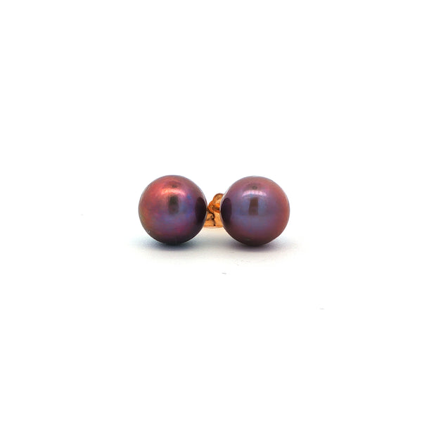 Yellow Gold Stud Earrings with Purple-Red Pearl, Gold Jewellery Sydney Australia 