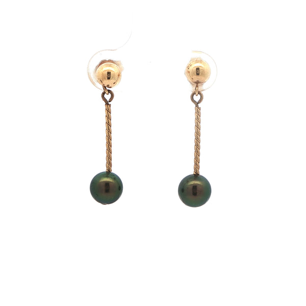 Yellow Gold Dangle Earrings with Green Pearl, Gold Jewellery Sydney Australia 