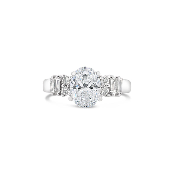 Oval Cut Lab Grown Diamond Ring With Baguette And Round Brilliant Side Diamonds