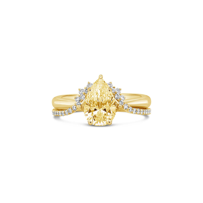 Pear Cut Lab Grown Diamond Engagement Ring With Matching Crown Wedding Band Set