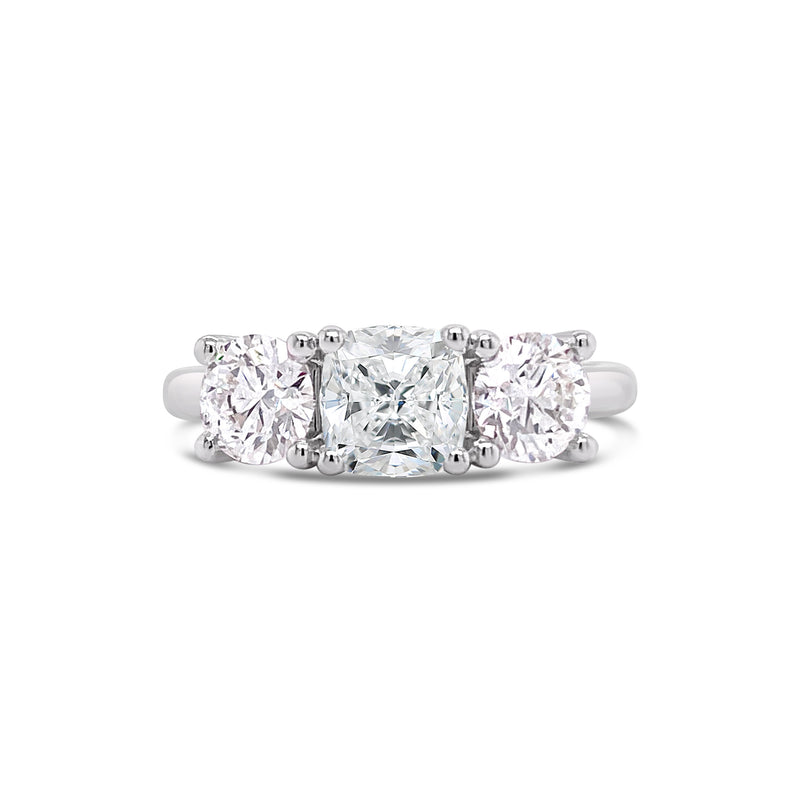 three stone cushion cut diamond ring