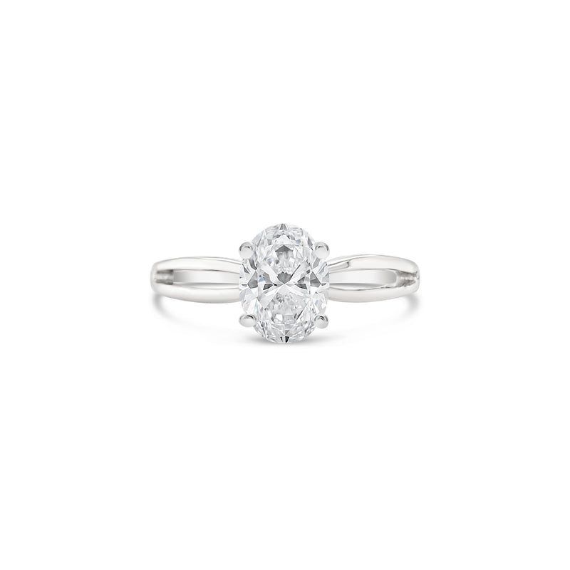 Oval cut split shank white gold engagement ring