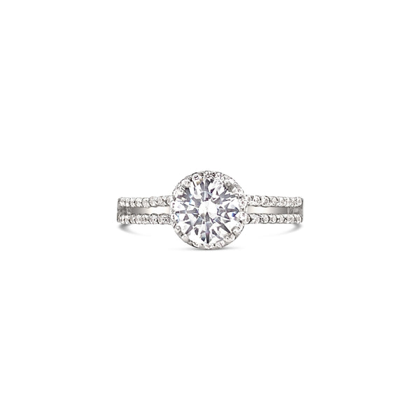 Halo engagement ring with twin lines
