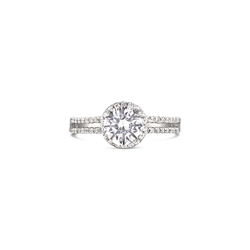 Halo engagement ring with twin lines