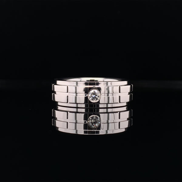 MEN'S WHITE GOLD CONTRAST RING WITH GROOVES AND CENTRE DIAMOND