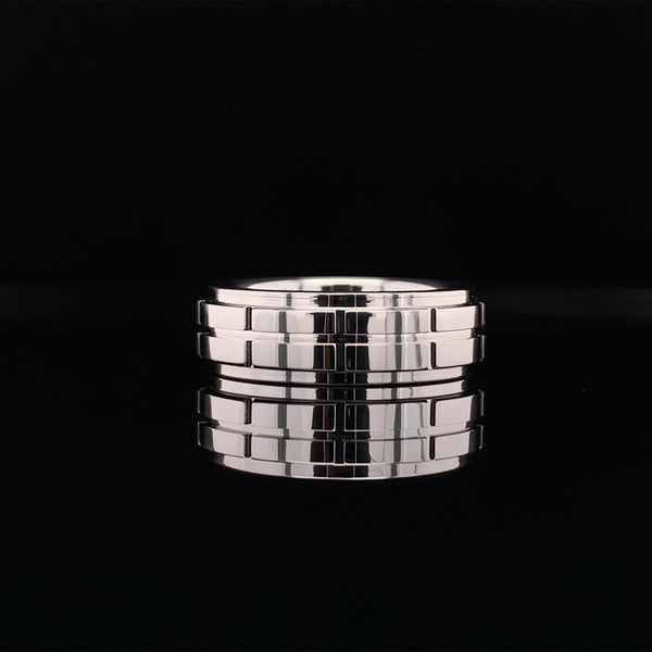 MEN'S WHITE GOLD CONTRAST RING WITH GROOVES AND CENTRE DIAMOND
