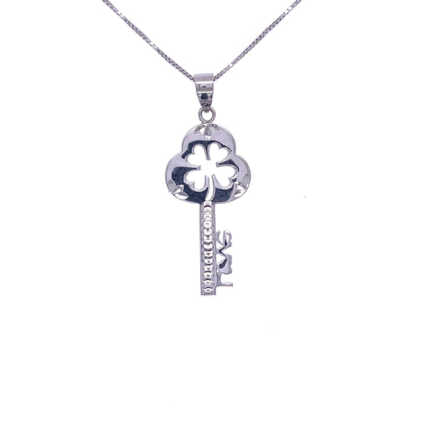 An 18k white gold key pendant with a round, solid shape and a small chain attached. Gold Jewellery Sydney Australia 