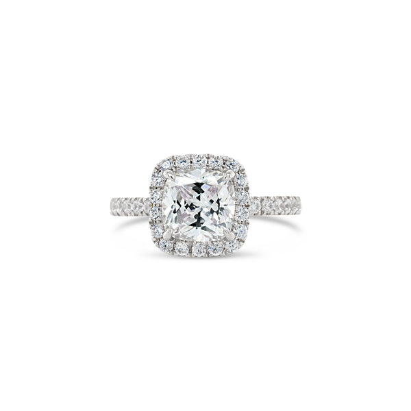 Cushion cut diamond in halo setting