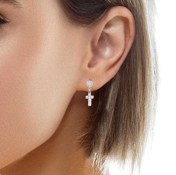 Dangling Diamond Cross Earrings