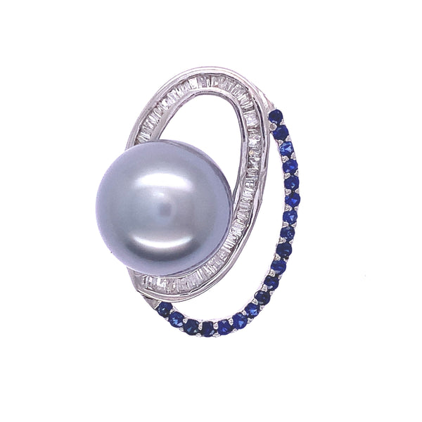 Sapphire Diamond And Pearl Halo Pendant
