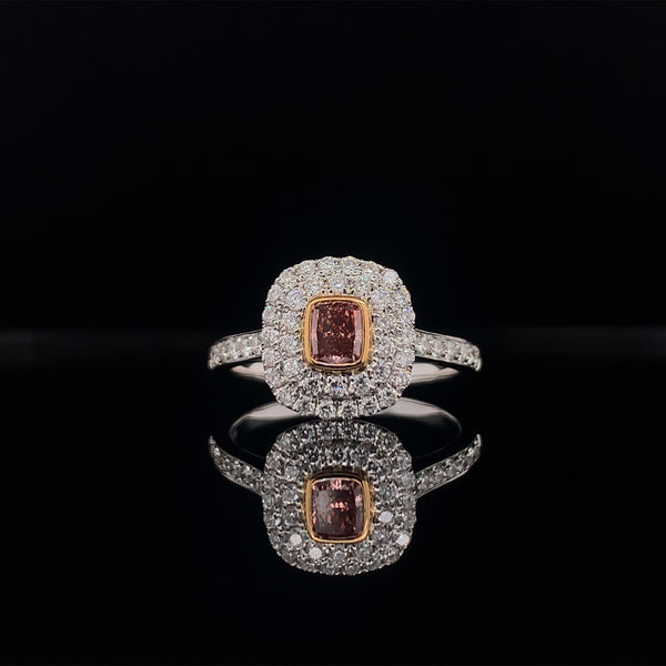 pink diamond square edge double halo dress ring