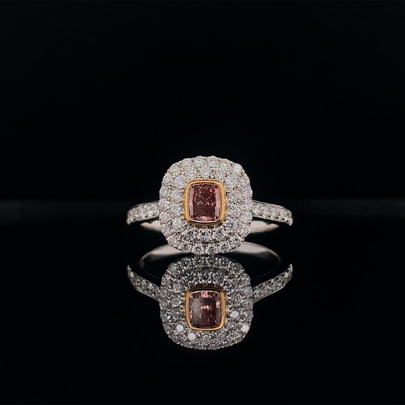 pink diamond square edge double halo dress ring