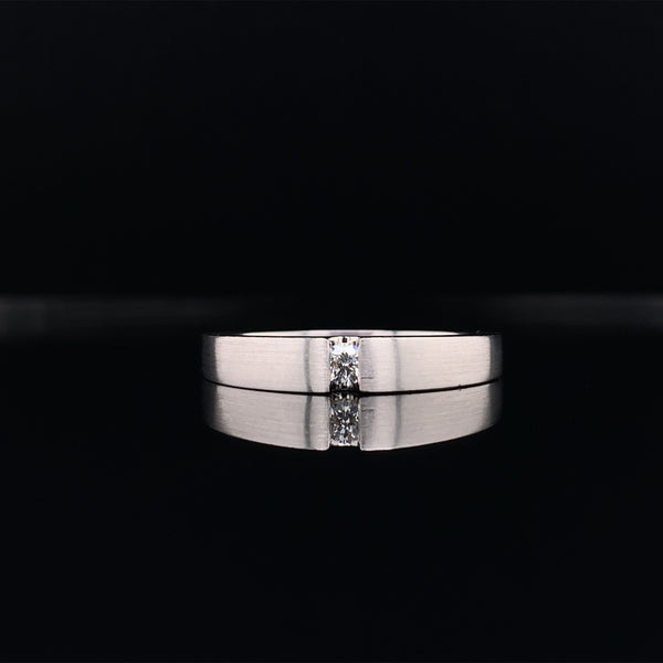 satin finish gold wedding band with floating diamond