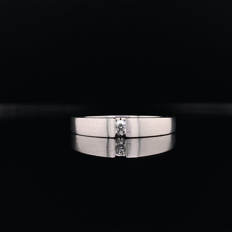 satin finish gold wedding band with floating diamond