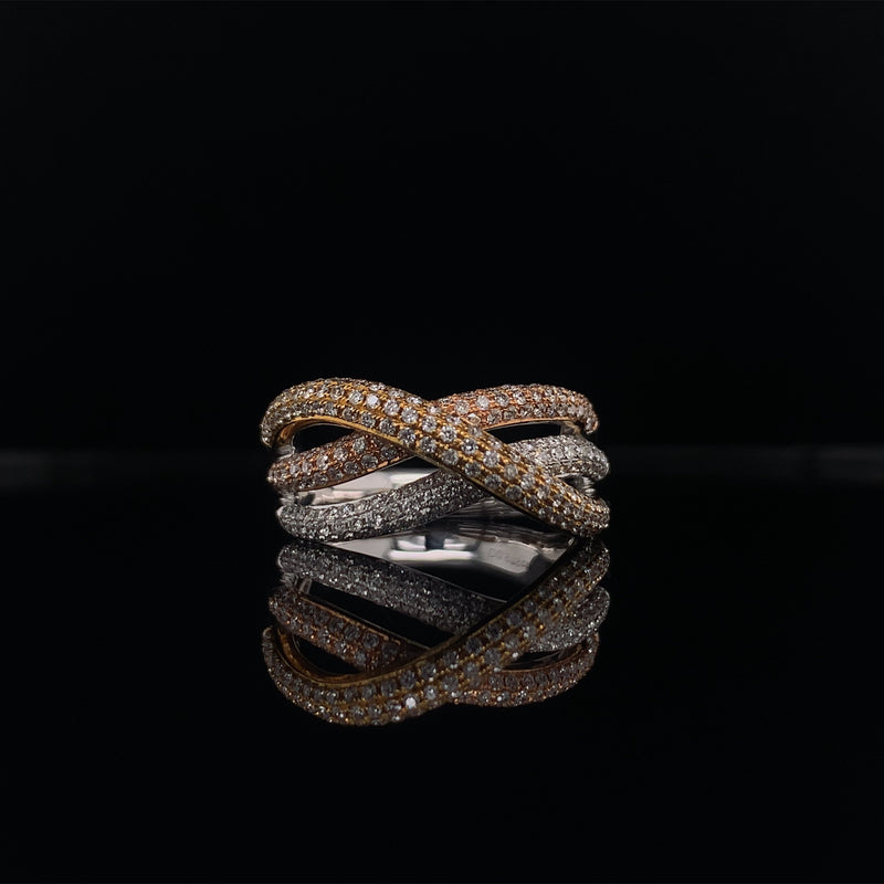 trilogy white, rose and yellow gold diamond dress ring