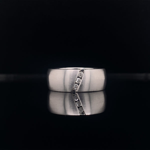 men's satin finish three stone wedding ring