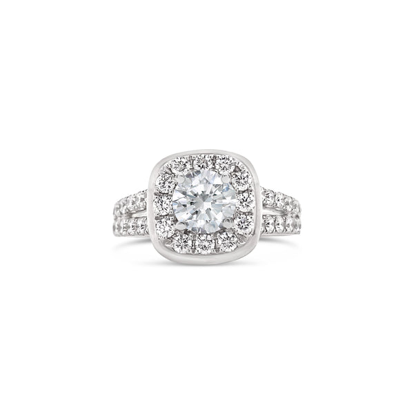 rounded edge square halo round cut diamond ring
