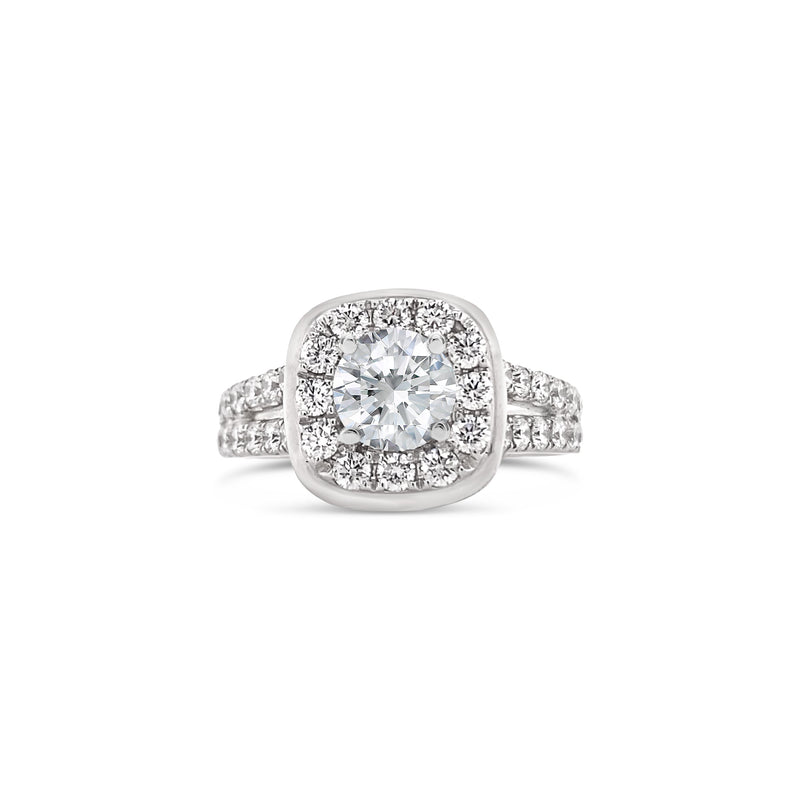 rounded edge square halo round cut diamond ring