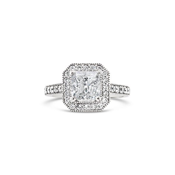 Edged halo princess cut diamond ring