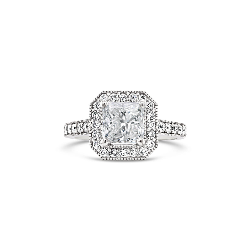 Edged halo princess cut diamond ring